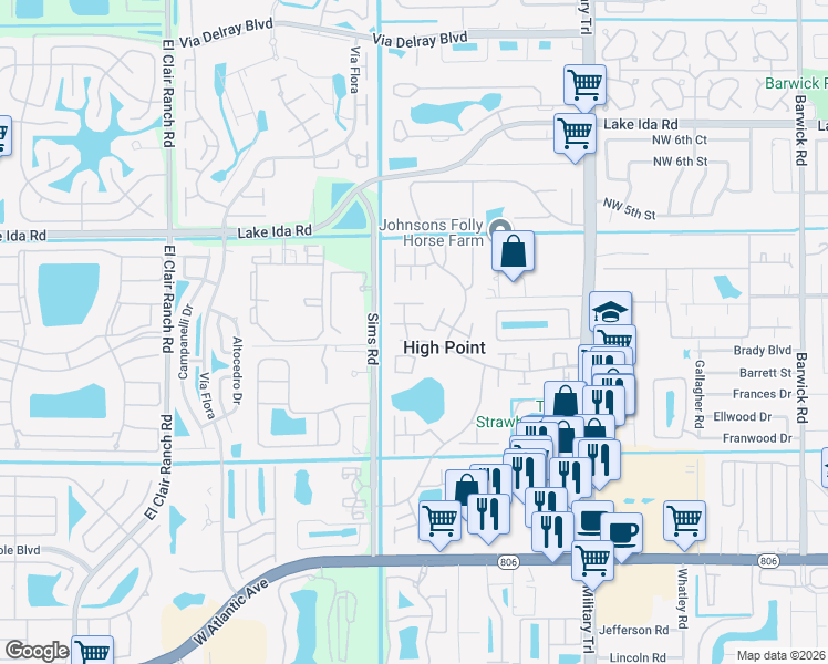 map of restaurants, bars, coffee shops, grocery stores, and more near 5397 Lakefront Boulevard in Delray Beach