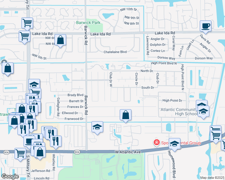 map of restaurants, bars, coffee shops, grocery stores, and more near 1225 Club Drive West in Delray Beach