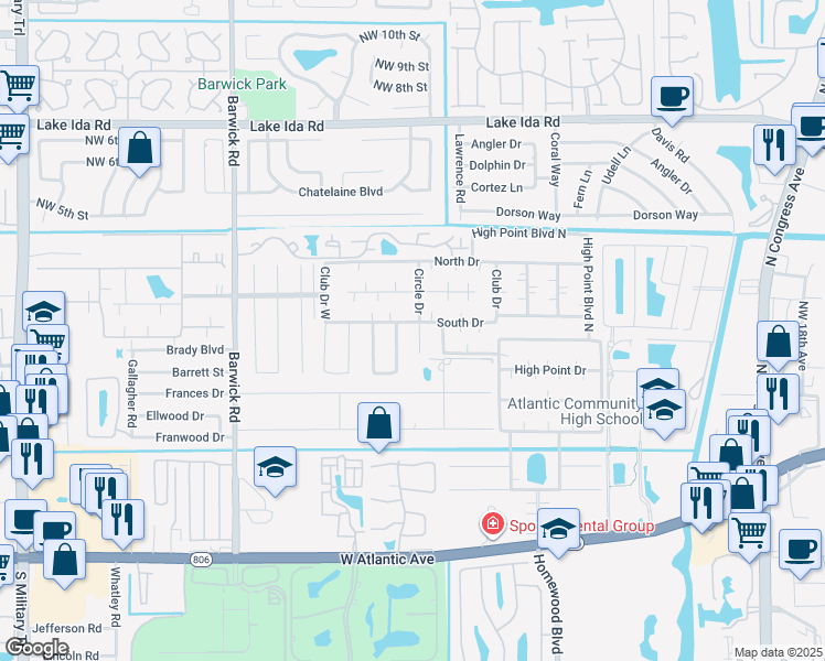 map of restaurants, bars, coffee shops, grocery stores, and more near 1115 Circle Drive in Delray Beach