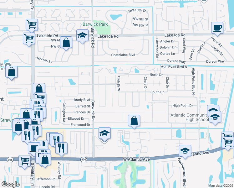 map of restaurants, bars, coffee shops, grocery stores, and more near 1225 Club Drive West in Delray Beach