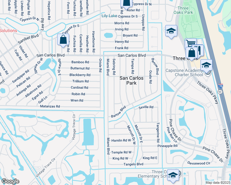 map of restaurants, bars, coffee shops, grocery stores, and more near 18629 Sebring Road in Fort Myers