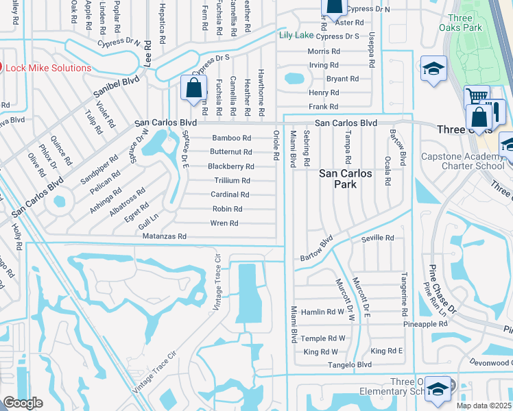 map of restaurants, bars, coffee shops, grocery stores, and more near 8433 Robin Road in Fort Myers