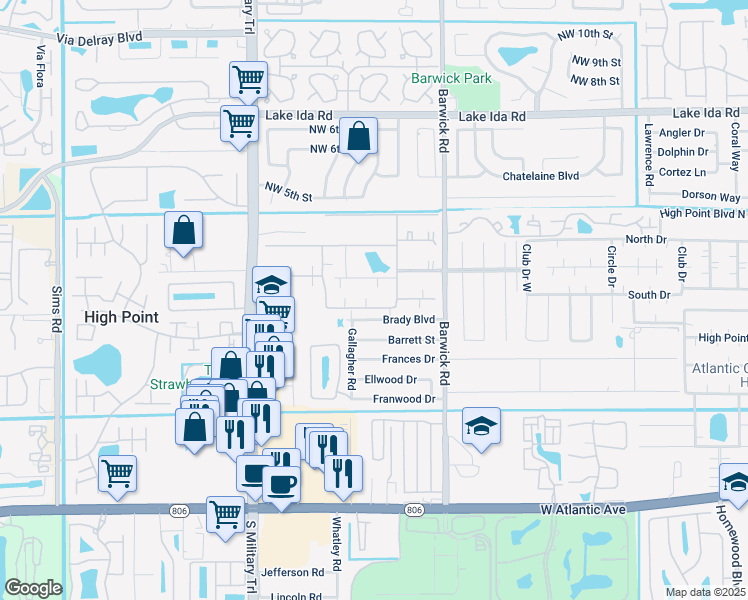 map of restaurants, bars, coffee shops, grocery stores, and more near 4855 Northwest 2nd Street in Delray Beach