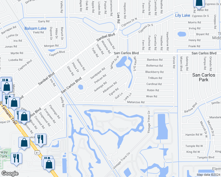 map of restaurants, bars, coffee shops, grocery stores, and more near 8136 Albatross Road in Fort Myers