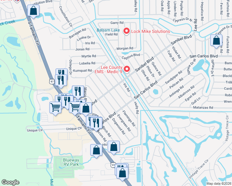 map of restaurants, bars, coffee shops, grocery stores, and more near 18552 Geranium Road in Fort Myers
