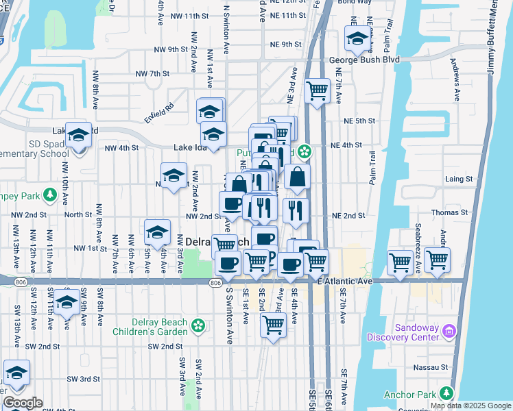 map of restaurants, bars, coffee shops, grocery stores, and more near 108 Northeast 2nd Avenue in Delray Beach
