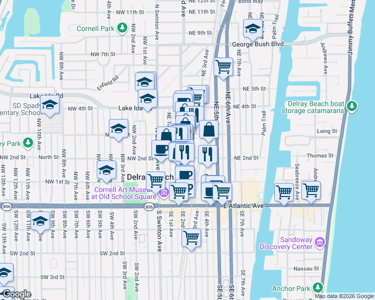 map of restaurants, bars, coffee shops, grocery stores, and more near 250 Northeast 3rd Avenue in Delray Beach