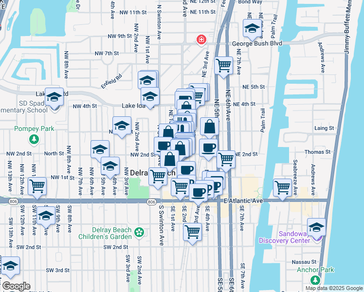 map of restaurants, bars, coffee shops, grocery stores, and more near 108 Northeast 2nd Avenue in Delray Beach