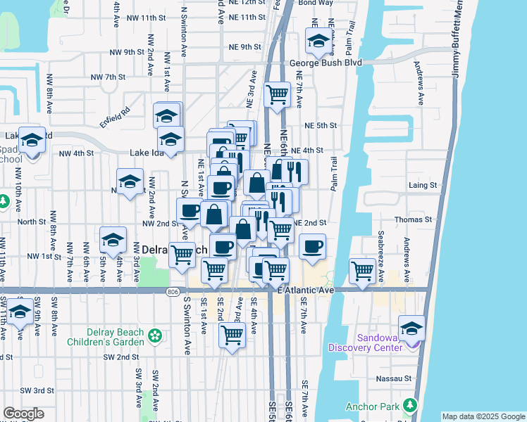 map of restaurants, bars, coffee shops, grocery stores, and more near 234 Northeast 5th Avenue in Delray Beach