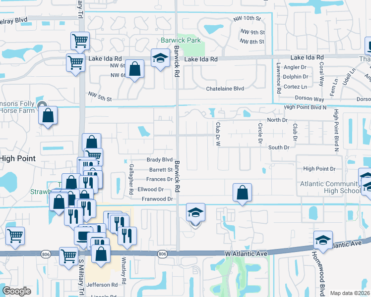 map of restaurants, bars, coffee shops, grocery stores, and more near 1410 High Point Way Southwest in Delray Beach