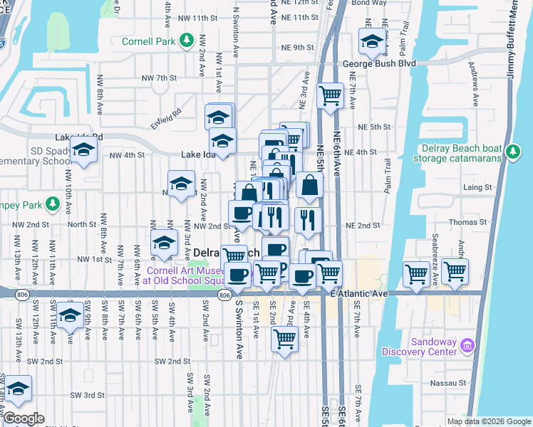 map of restaurants, bars, coffee shops, grocery stores, and more near 200 Northeast 2nd Avenue in Delray Beach