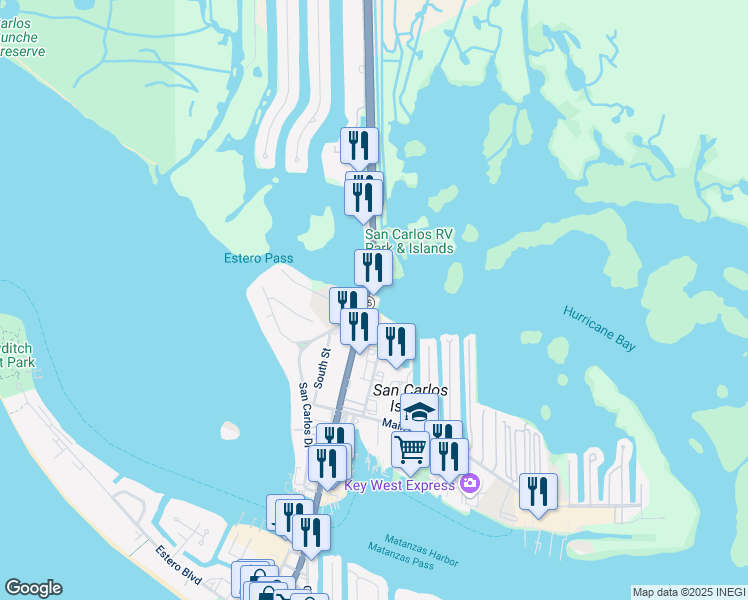 map of restaurants, bars, coffee shops, grocery stores, and more near 19001 San Carlos Boulevard in Fort Myers Beach