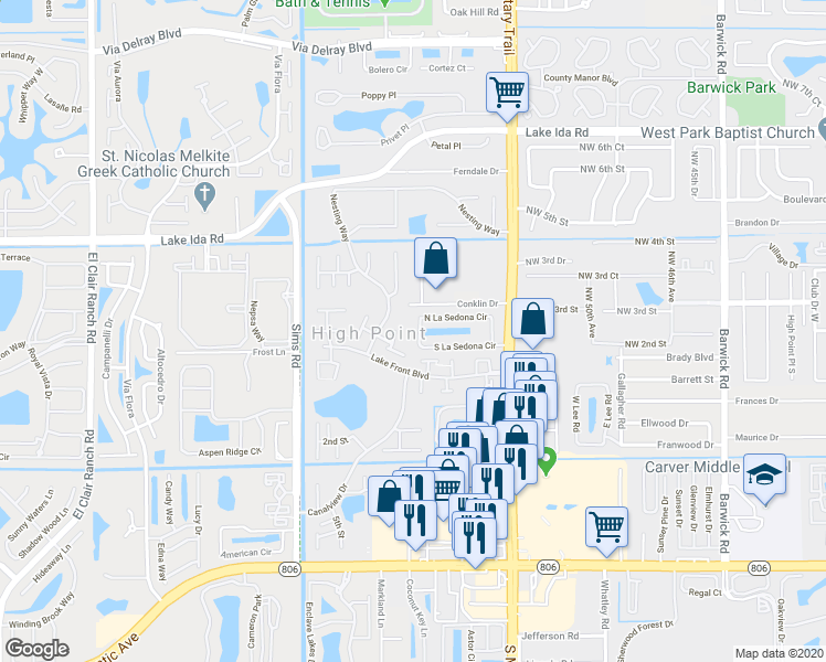 map of restaurants, bars, coffee shops, grocery stores, and more near 14227 West La Sedona Circle in Delray Beach