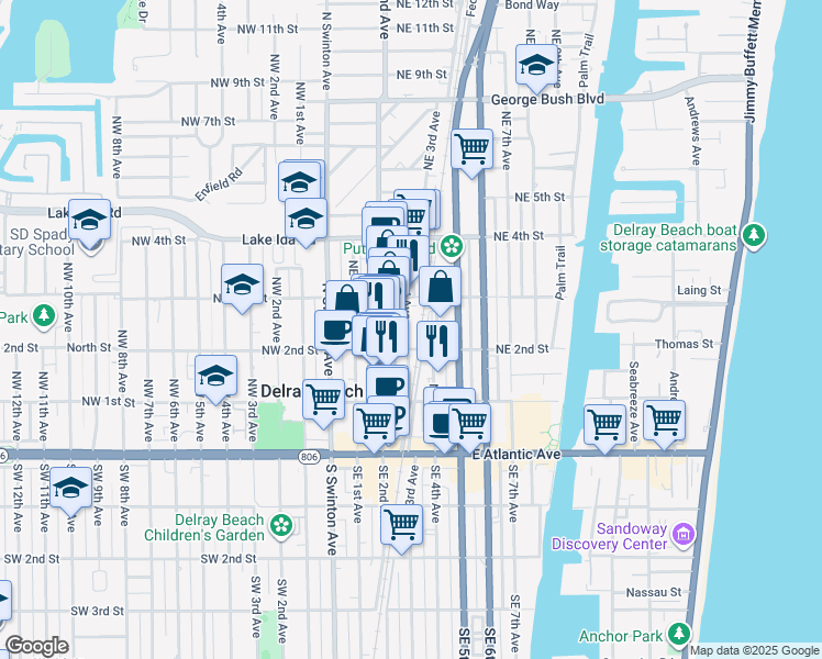 map of restaurants, bars, coffee shops, grocery stores, and more near 250 Northeast 3rd Avenue in Delray Beach