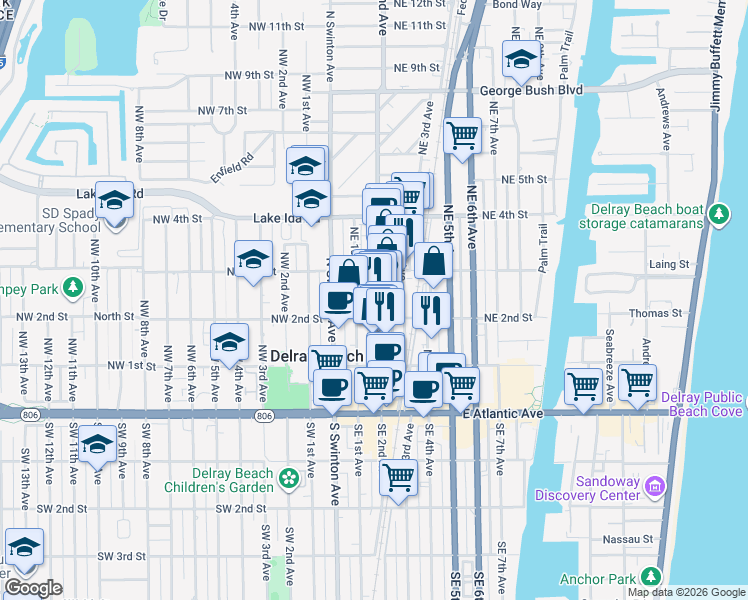 map of restaurants, bars, coffee shops, grocery stores, and more near 108 Northeast 2nd Avenue in Delray Beach