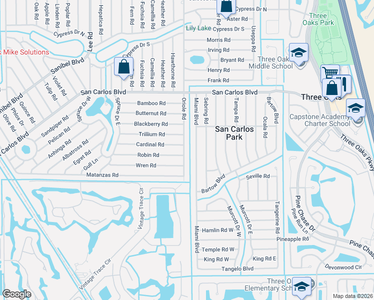 map of restaurants, bars, coffee shops, grocery stores, and more near 18625 Oriole Road in Fort Myers