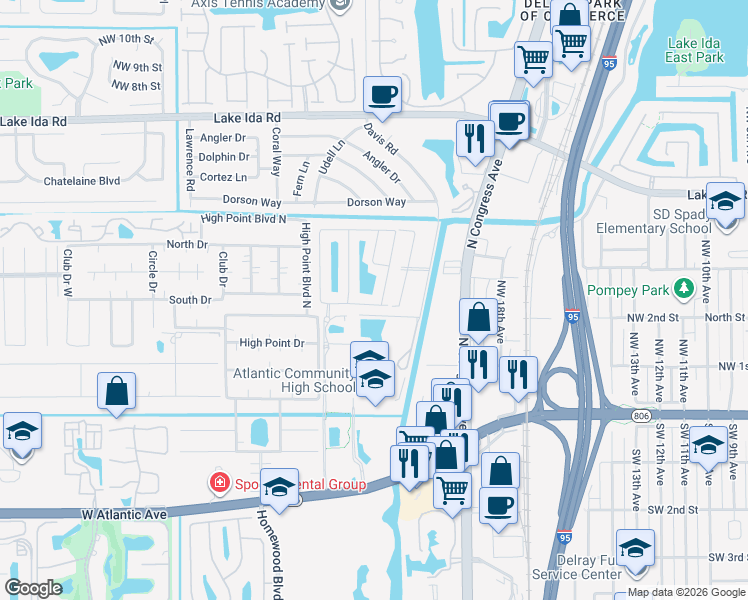 map of restaurants, bars, coffee shops, grocery stores, and more near 215 East Coral Trace Circle in Delray Beach
