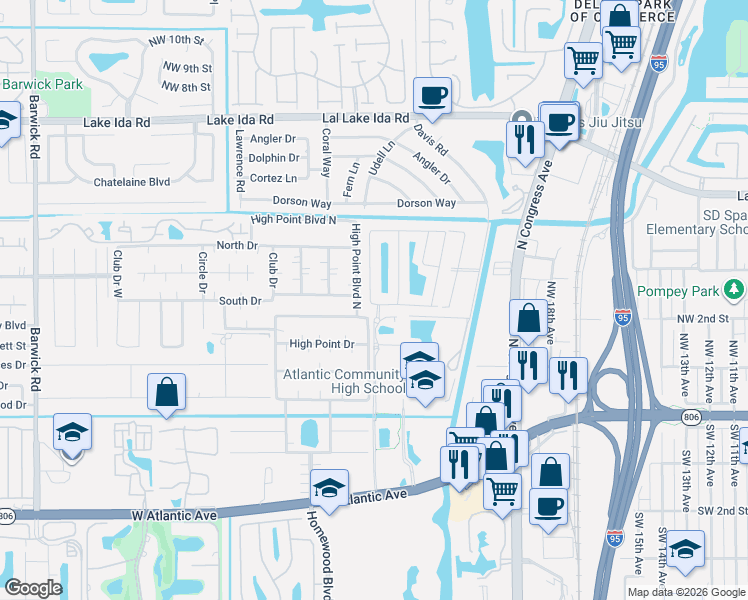 map of restaurants, bars, coffee shops, grocery stores, and more near 2551 South Coral Trace Circle in Delray Beach