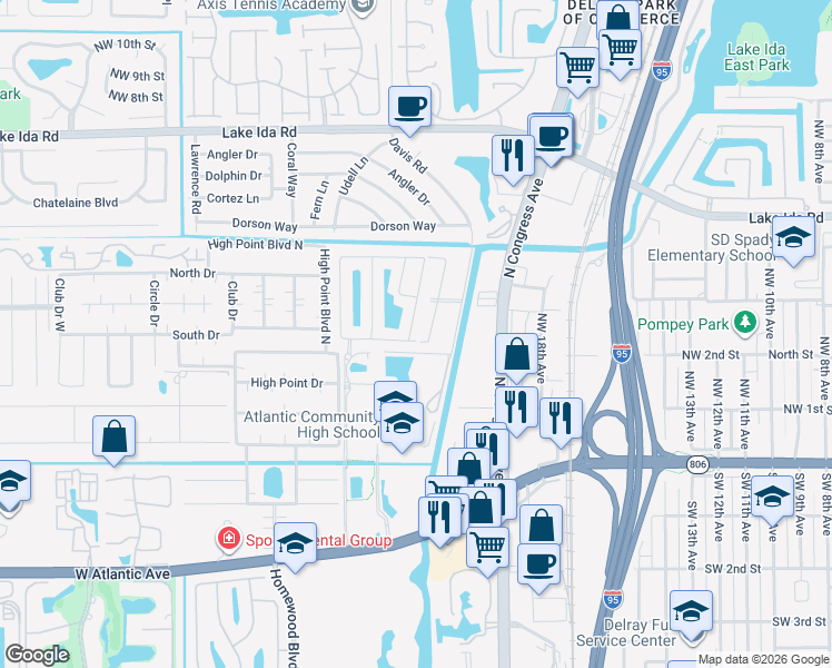 map of restaurants, bars, coffee shops, grocery stores, and more near 215 East Coral Trace Circle in Delray Beach