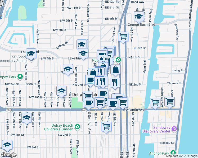 map of restaurants, bars, coffee shops, grocery stores, and more near 108 Northeast 2nd Avenue in Delray Beach
