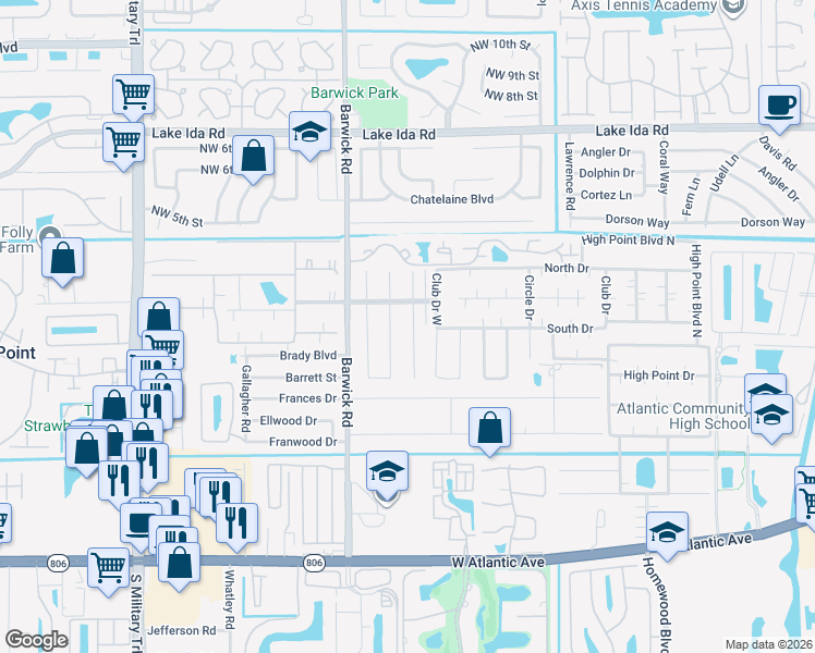 map of restaurants, bars, coffee shops, grocery stores, and more near 1310 High Point Place South in Delray Beach