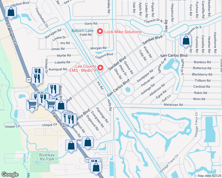 map of restaurants, bars, coffee shops, grocery stores, and more near 18648 Matanzas Rd in Fort Myers