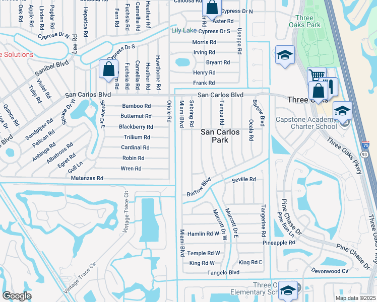 map of restaurants, bars, coffee shops, grocery stores, and more near 18620 Sebring Road in Fort Myers