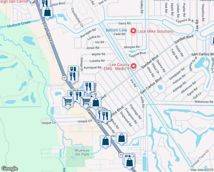 map of restaurants, bars, coffee shops, grocery stores, and more near 18538 Evergreen Road in Fort Myers