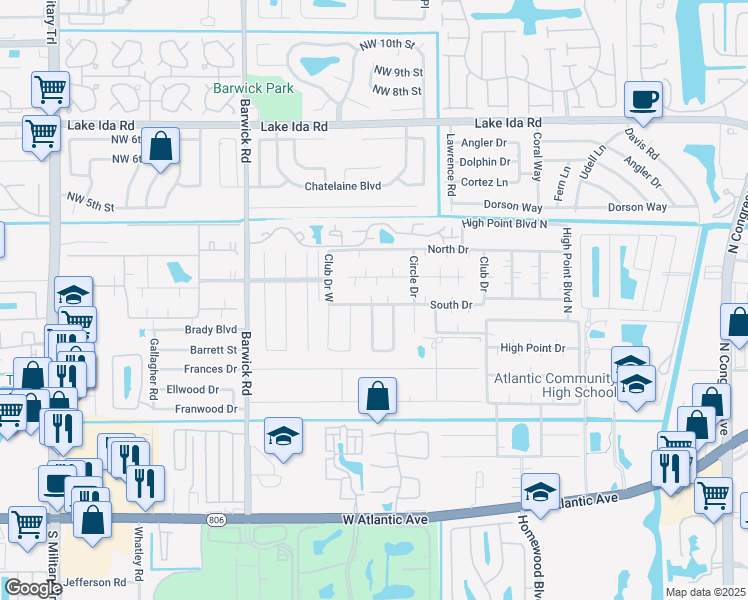 map of restaurants, bars, coffee shops, grocery stores, and more near 1177 South Drive Circle in Delray Beach