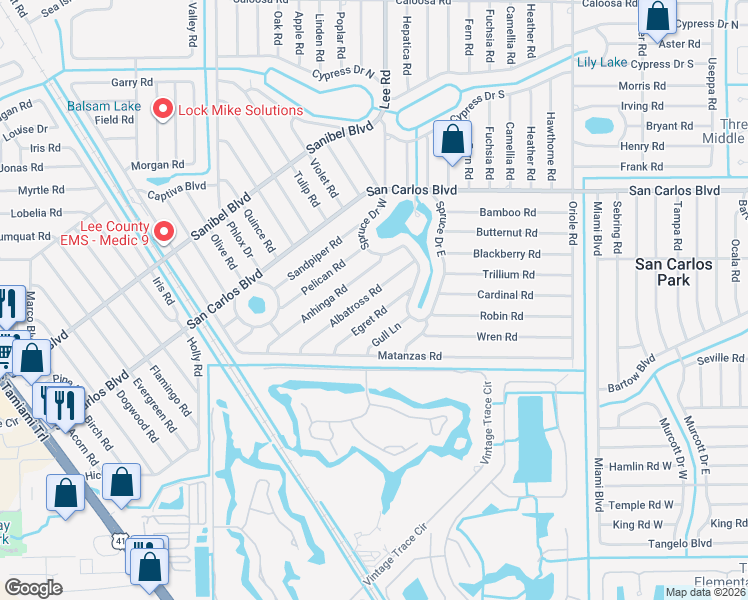 map of restaurants, bars, coffee shops, grocery stores, and more near 8156 Albatross Road in Fort Myers