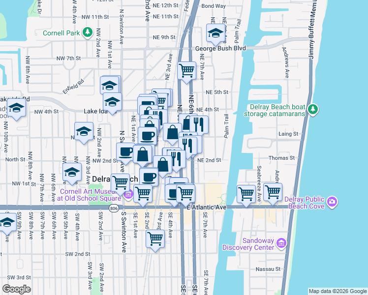 map of restaurants, bars, coffee shops, grocery stores, and more near 263 NE 5th Ave in Delray Beach