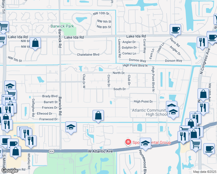 map of restaurants, bars, coffee shops, grocery stores, and more near 1115 Circle Drive in Delray Beach