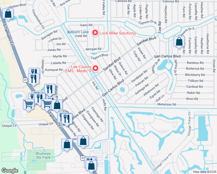 map of restaurants, bars, coffee shops, grocery stores, and more near 18648 Matanzas Road in Fort Myers