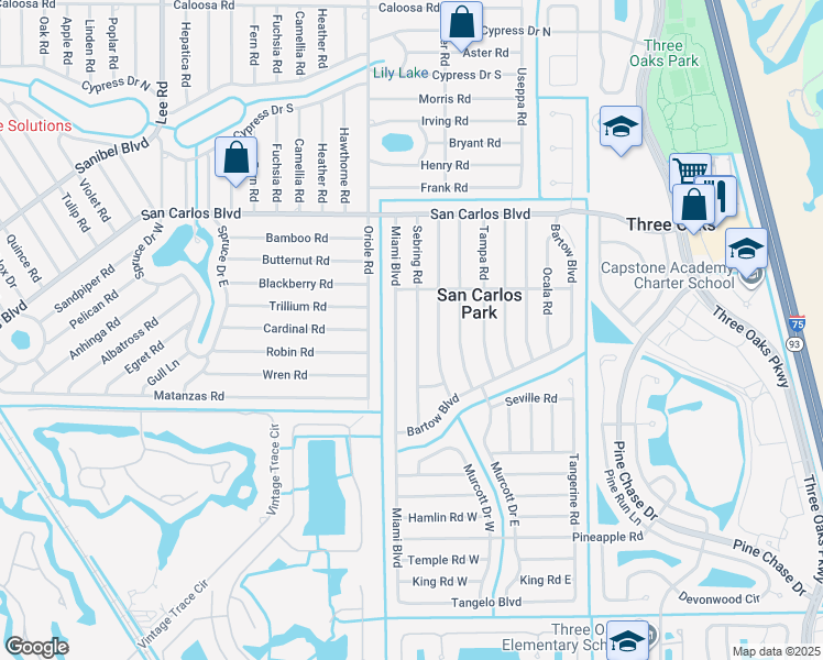 map of restaurants, bars, coffee shops, grocery stores, and more near 18608 Sebring Road in Fort Myers