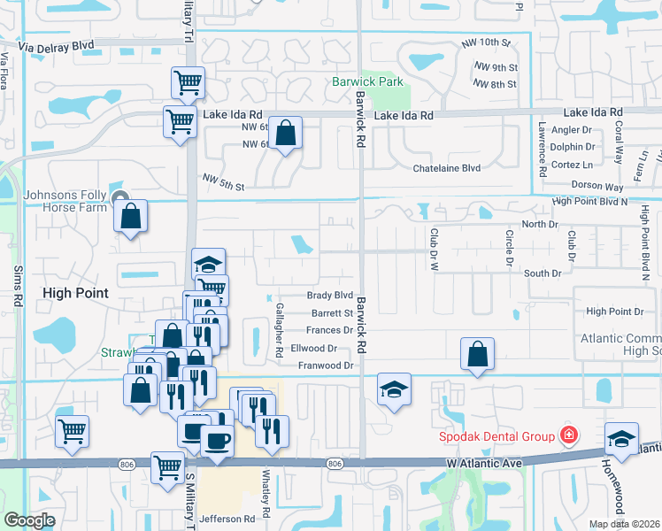 map of restaurants, bars, coffee shops, grocery stores, and more near 4637 Brady Boulevard in Delray Beach