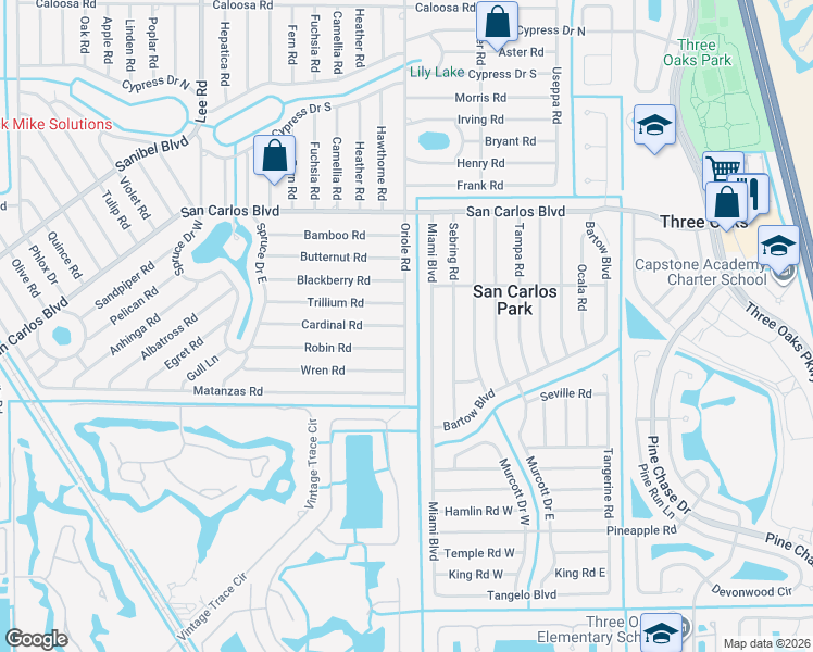map of restaurants, bars, coffee shops, grocery stores, and more near 18607 Oriole Road in Fort Myers