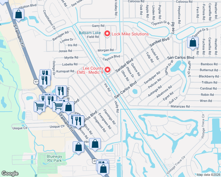 map of restaurants, bars, coffee shops, grocery stores, and more near 18557 Holly Road in Fort Myers