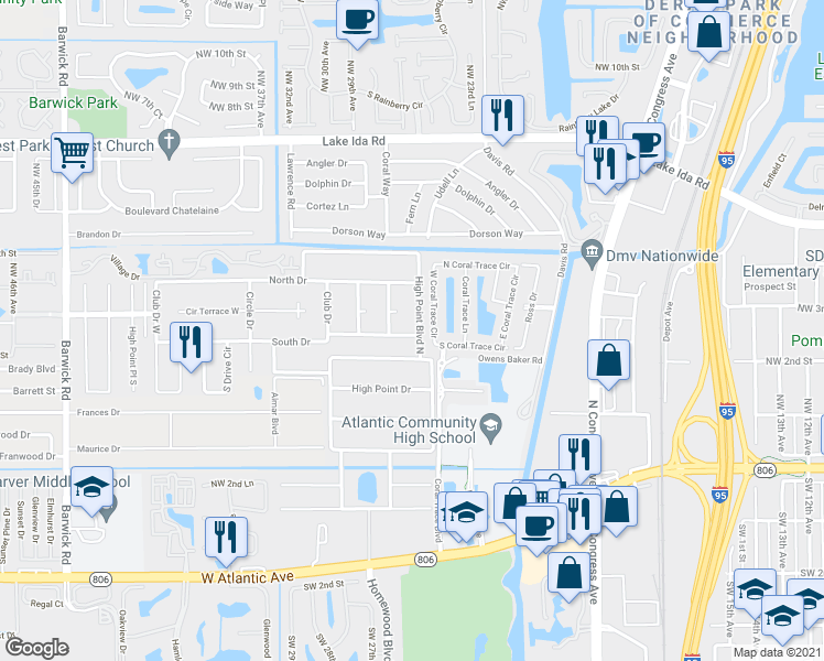 map of restaurants, bars, coffee shops, grocery stores, and more near 730 South Drive in Delray Beach