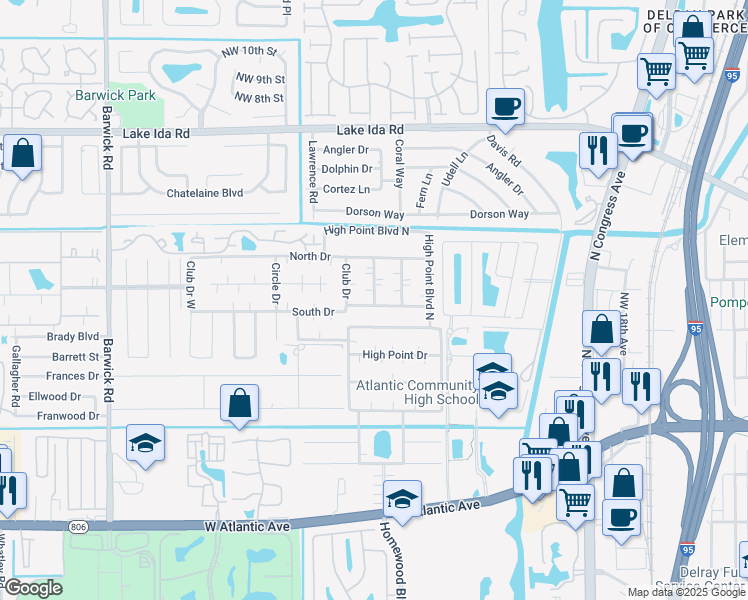 map of restaurants, bars, coffee shops, grocery stores, and more near 710 South Drive in Delray Beach