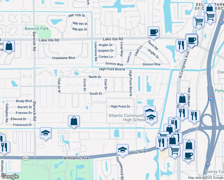 map of restaurants, bars, coffee shops, grocery stores, and more near 710 South Drive in Delray Beach