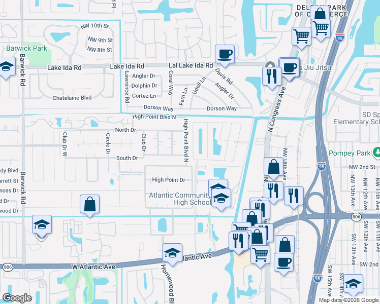 map of restaurants, bars, coffee shops, grocery stores, and more near 2551 South Coral Trace Circle in Delray Beach