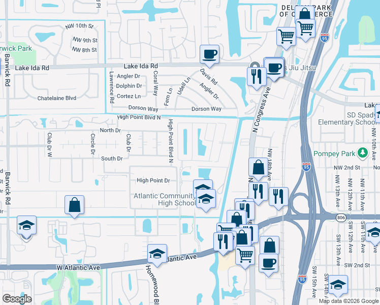 map of restaurants, bars, coffee shops, grocery stores, and more near 2485 South Coral Trace Circle in Delray Beach