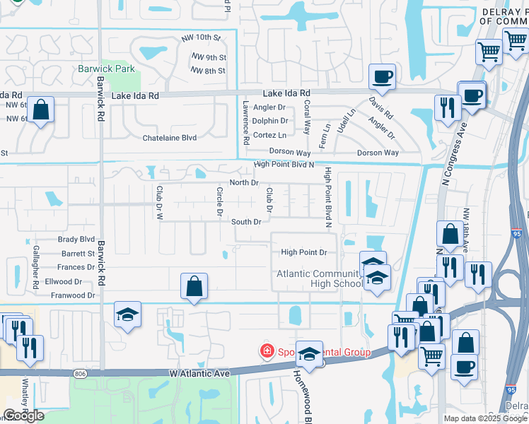 map of restaurants, bars, coffee shops, grocery stores, and more near 730 South Drive in Delray Beach