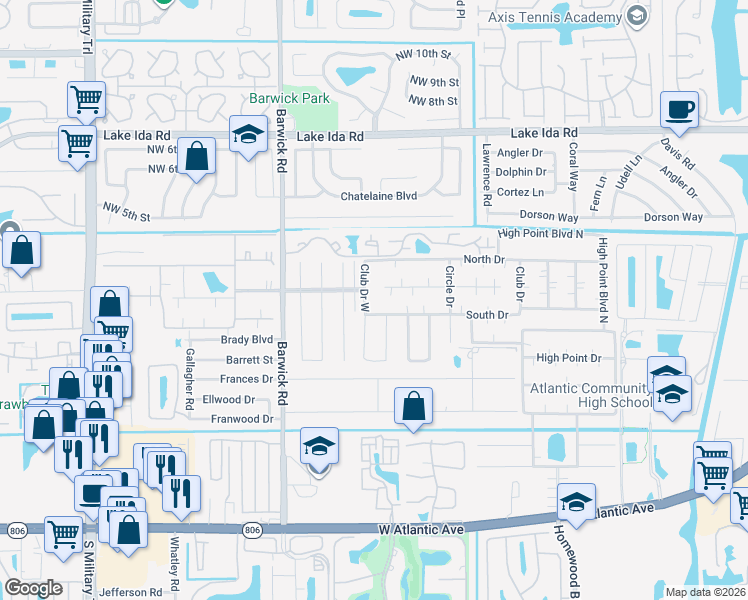 map of restaurants, bars, coffee shops, grocery stores, and more near 1330 High Point Place North in Delray Beach