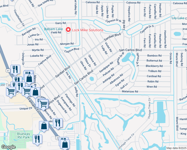 map of restaurants, bars, coffee shops, grocery stores, and more near 18606 Cedar Drive East in Fort Myers