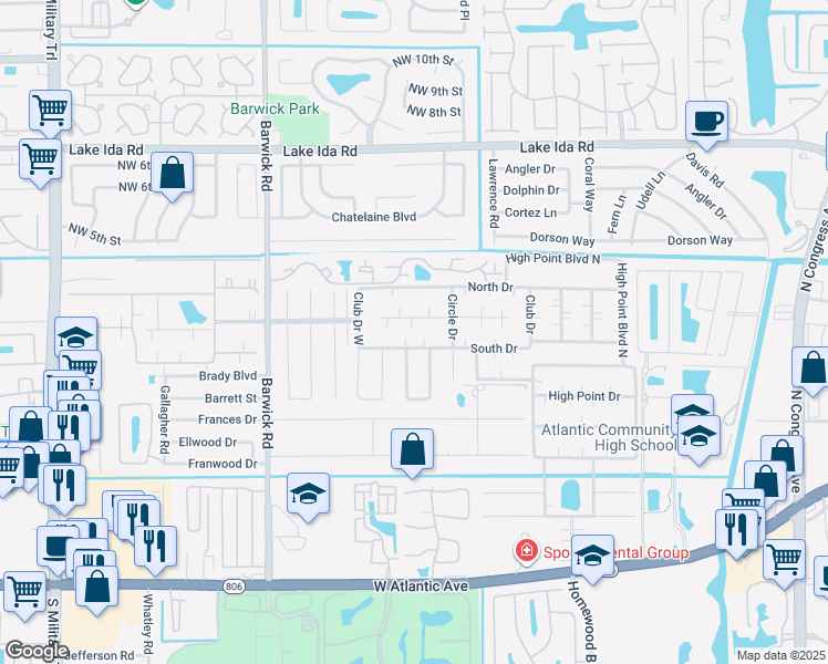 map of restaurants, bars, coffee shops, grocery stores, and more near 1177 South Drive Circle in Delray Beach