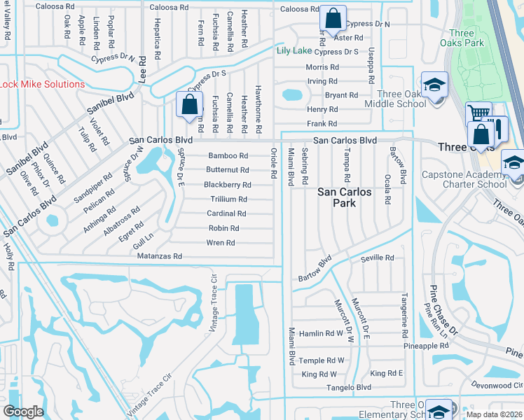 map of restaurants, bars, coffee shops, grocery stores, and more near 8433 Robin Road in Fort Myers