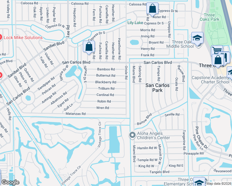 map of restaurants, bars, coffee shops, grocery stores, and more near 8433 Robin Road in Fort Myers