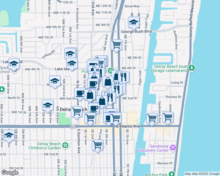 map of restaurants, bars, coffee shops, grocery stores, and more near 290 Northeast 5th Avenue in Delray Beach