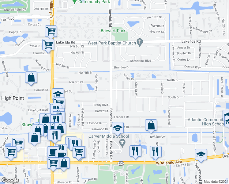 map of restaurants, bars, coffee shops, grocery stores, and more near 1410 High Point Way Southwest in Delray Beach